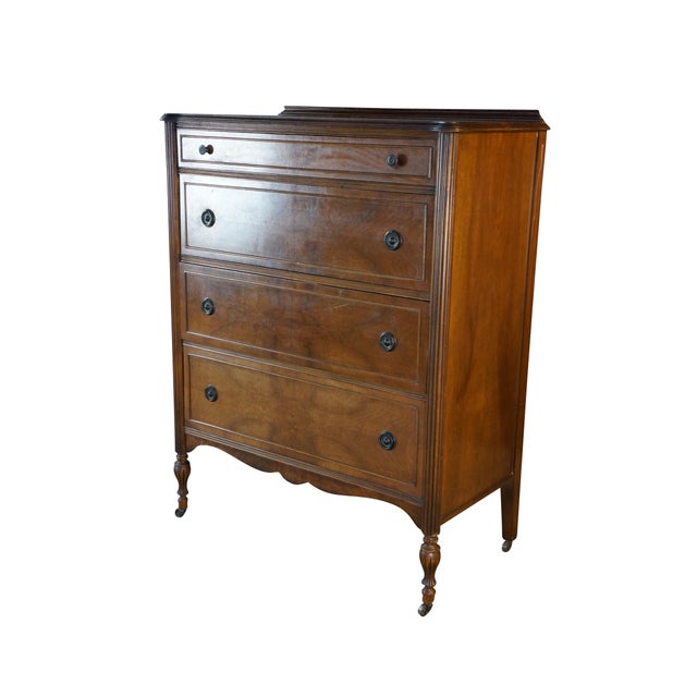 American Antique Sheraton Style Book Matched Walnut Four Drawer Tallboy Dresser 49" For Sale - Image 3 of 17