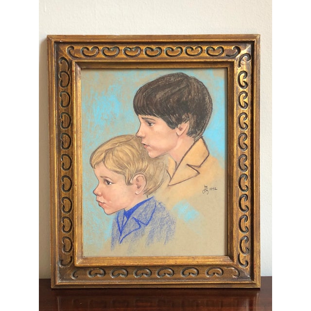Wood 1972 Original Pastel Portrait of Two Brothers, Framed For Sale - Image 7 of 8