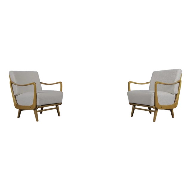 Set of White Boucle Fabric and Wooden Armchairs, 1950s For Sale
