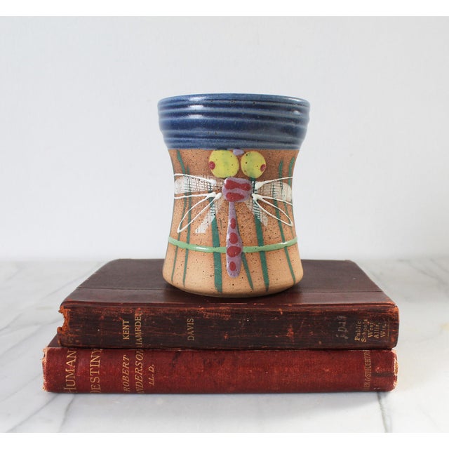 Late 20th Century Vintage Signed Studio Art Pottery Mug W/ Dragonfly Motif For Sale - Image 5 of 8
