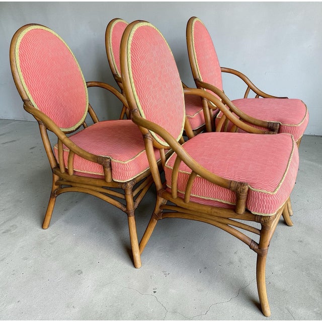 Vintage Medallion Back Rattan Dining Chairs With Custom Green and Pink Upholstery– Set of 4 For Sale In Naples, FL - Image 6 of 12