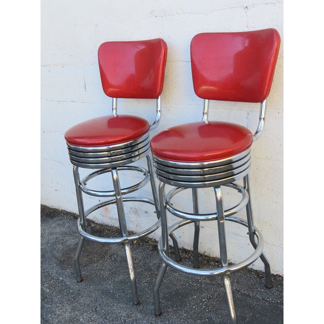 Mid 20th Century Retro Mid Century Modern Swivel Red Vinyl and Chrome Barstools 6350 For Sale - Image 5 of 18