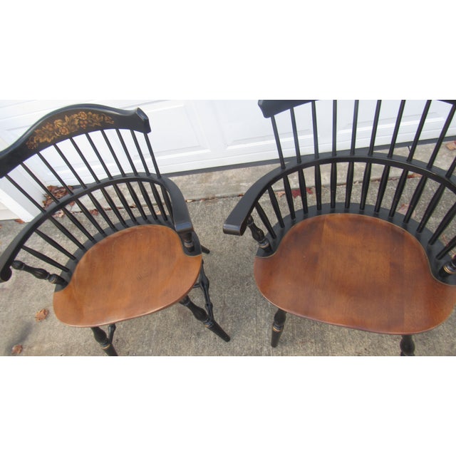 Wood 1980s Pair Hitchcock Black Farmhouse Chairs Signed Dining Room Chairs For Sale - Image 7 of 8