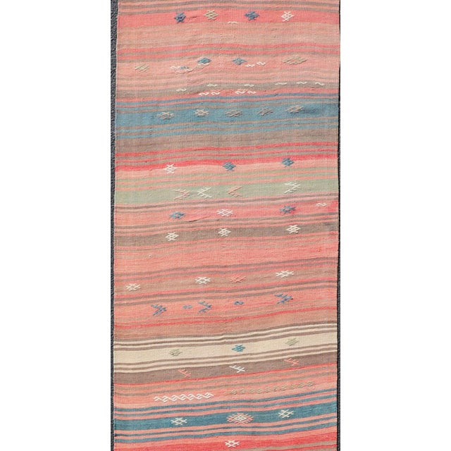 Coral Blue and Beige Striped Vintage Turkish Kilim Handwoven Wool Runner For Sale - Image 4 of 12
