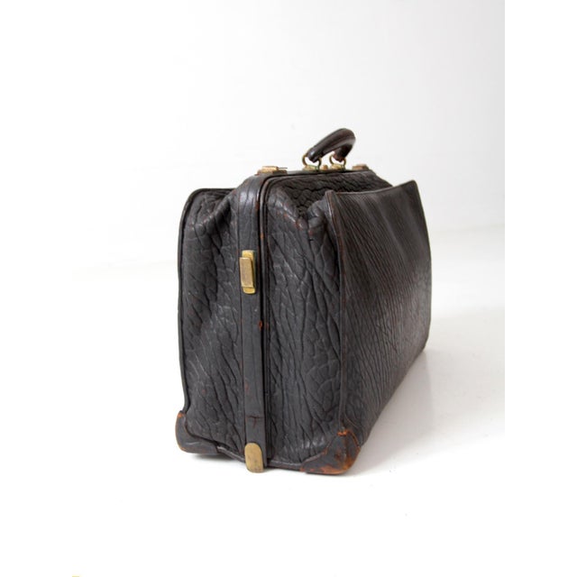 Farmhouse Antique 1920s Black Leather Suitcase With Brass Hardware For Sale - Image 3 of 14