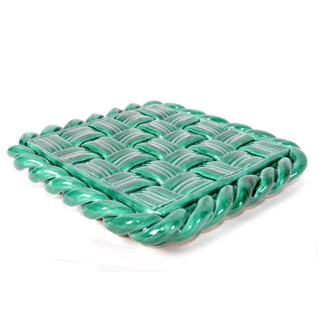 Vallauris France Glazed Ceramic Woven Green Trivet Mid-Century Modern Pottery For Sale - Image 13 of 13