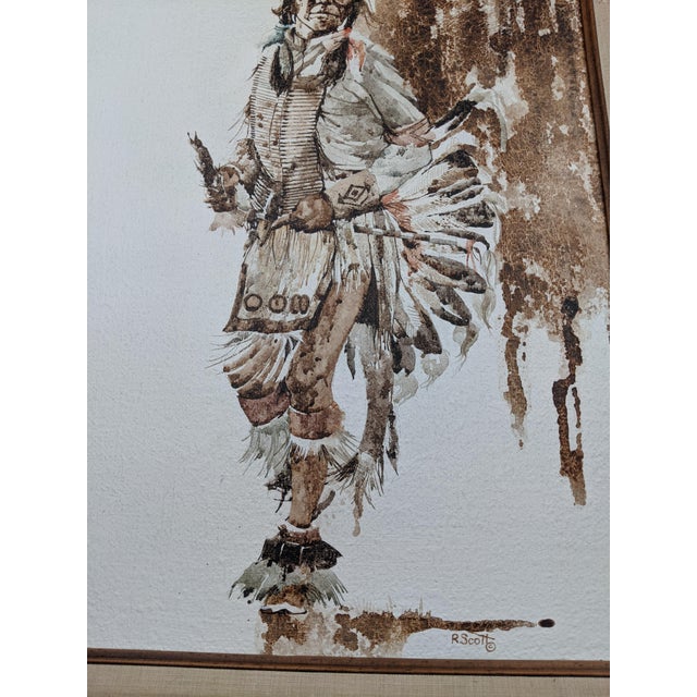 Figurative Mid 20th Century R. Scott Signed Mixed Media Native American Figure Drawing, Watercolor Ink on Paper, Framed Fine Art For Sale - Image 3 of 15