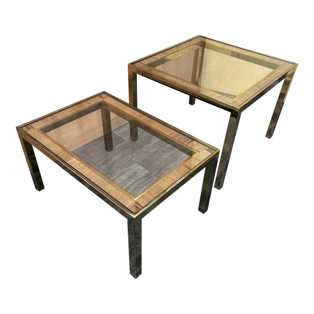 A Pair of Hollywood Regency Gold Brass and Wicker Side Tables in the Milo Baughman Style. C. 1970s For Sale