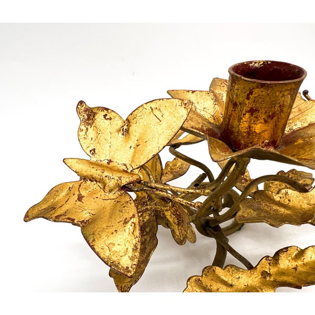 Metal Vintage Italian Gold Gilt Tole Butterfly Candleholders, Pair, Hand-Formed Leaf & Vine Candlesticks - Hollywood Regency For Sale - Image 7 of 12