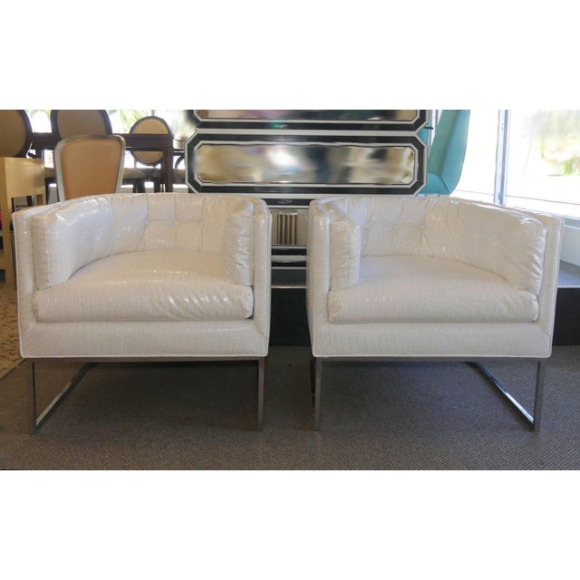 Mid Century Modern Chromed Club Chairs With White Crock Embossed