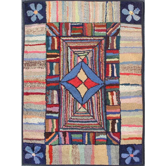 Antique American Hooked Rug With Colorful Geometric Design With Striped Border For Sale - Image 9 of 9