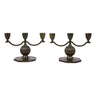 Swedish Art Deco Bronze Three-Arm Candleholders by Jacob Ängman for Gab, 1930s, Set of 2 For Sale