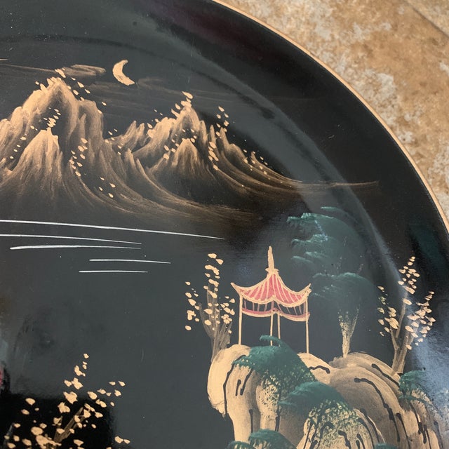 Asian 1980s Black Enamel Asian Plate For Sale - Image 3 of 6