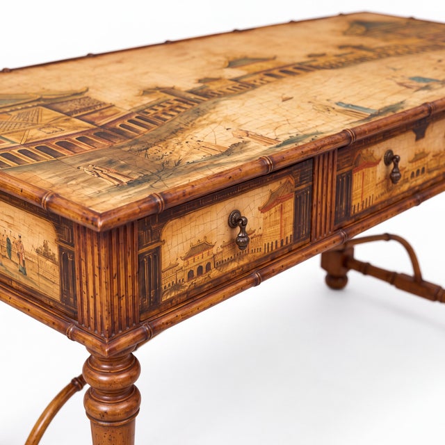 This is a Lane Venture chinoiserie faux bamboo credenza or sideboard. This lovely sideboard has chinoiserie pastoral...