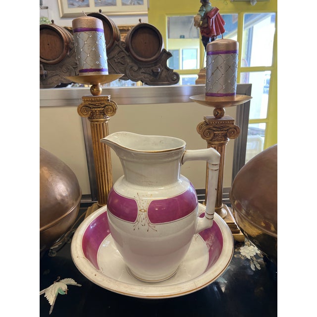 Ceramic Antique Burgess & Campbell Ironstone China Pitcher & Wash Basin Purple & Gold Trim For Sale - Image 7 of 12