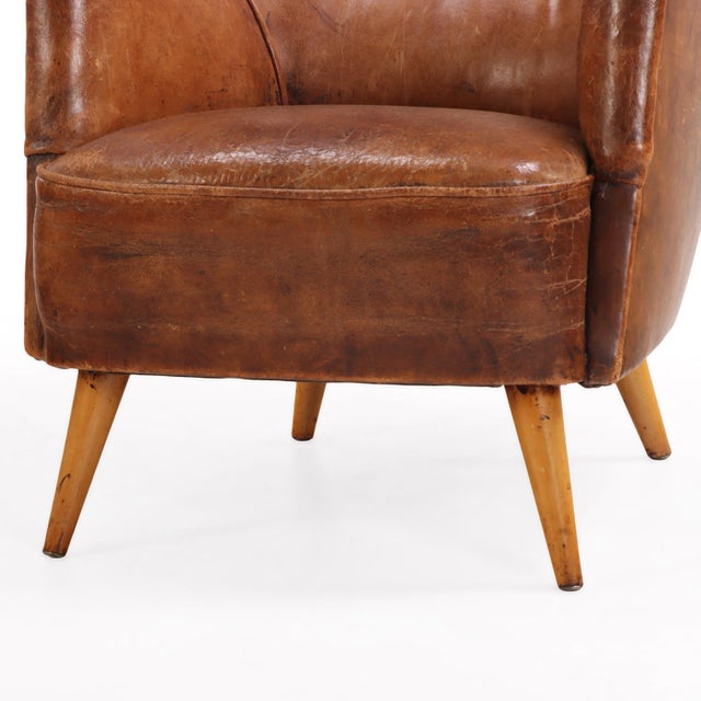 Wood Mid Century Modern French Leather Club Chair, C. 1950. For Sale - Image 7 of 10