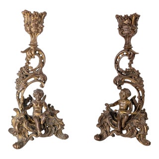 19th Century Pair of French Rococo Revival Gilt Bronze or Copper Alloy Candlesticks For Sale