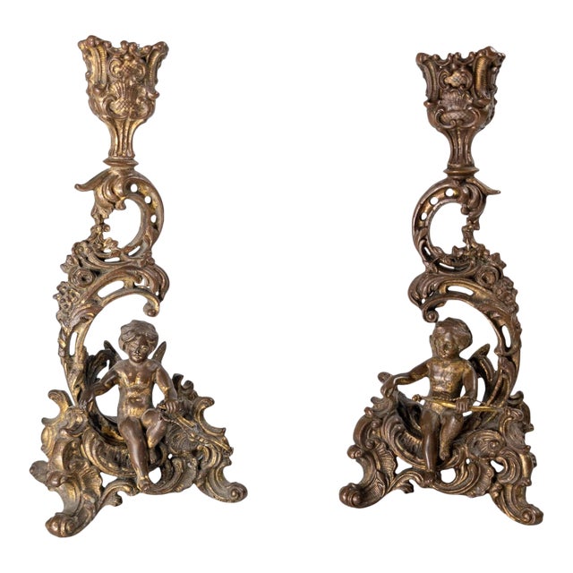 19th Century Pair of French Rococo Revival Gilt Bronze or Copper Alloy Candlesticks For Sale