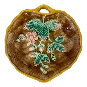 Antique Leaf Shaped Majolica Serving Dish /Plate Decorated With Strawberries & Foliage With Twig Handle - Circa 19th Century