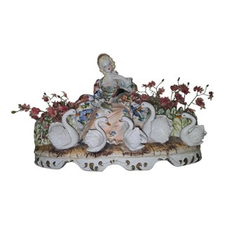 Vintage Capodimonte Italian Porcelain Figurine Features a Maiden With Five White Swans and Floral Accents. For Sale