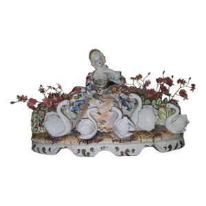 Vintage Capodimonte Italian Porcelain Figurine Features a Maiden With Five White Swans and Floral Accents.