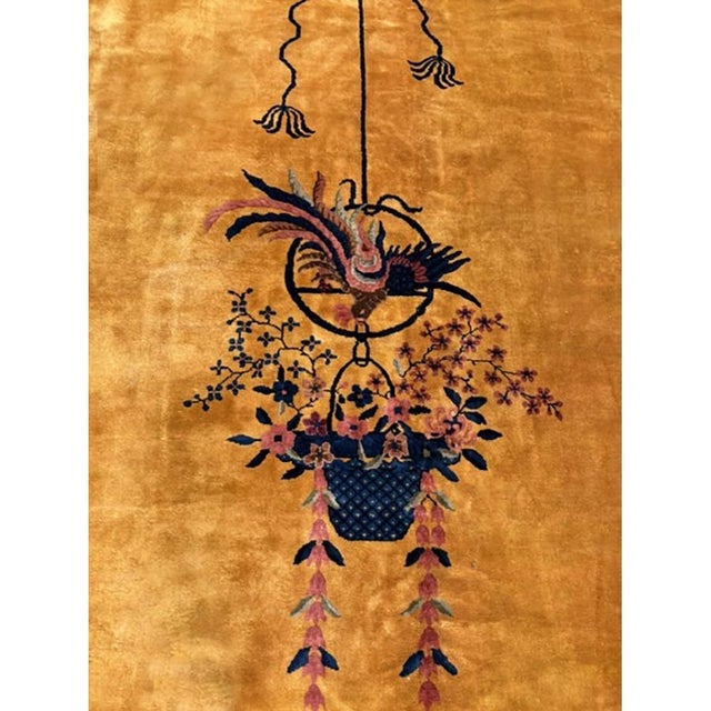 1920s Gold Field Vase Spray Flowers Shou Symbols Antique Chinese Art Deco Rug For Sale - Image 4 of 9