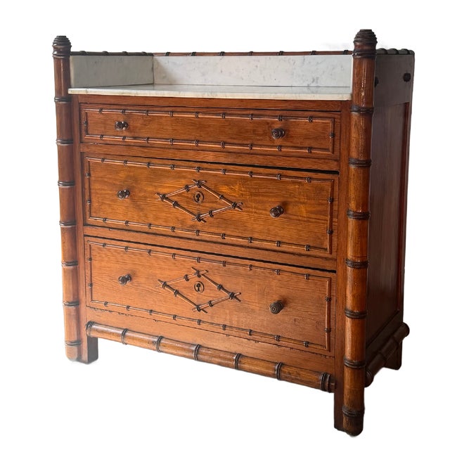 Late 19th Century French Faux Bamboo Marble Top Chest of Drawers For Sale - Image 14 of 17