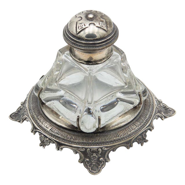 Silver Inkwell with Circular Base and Grooves For Sale