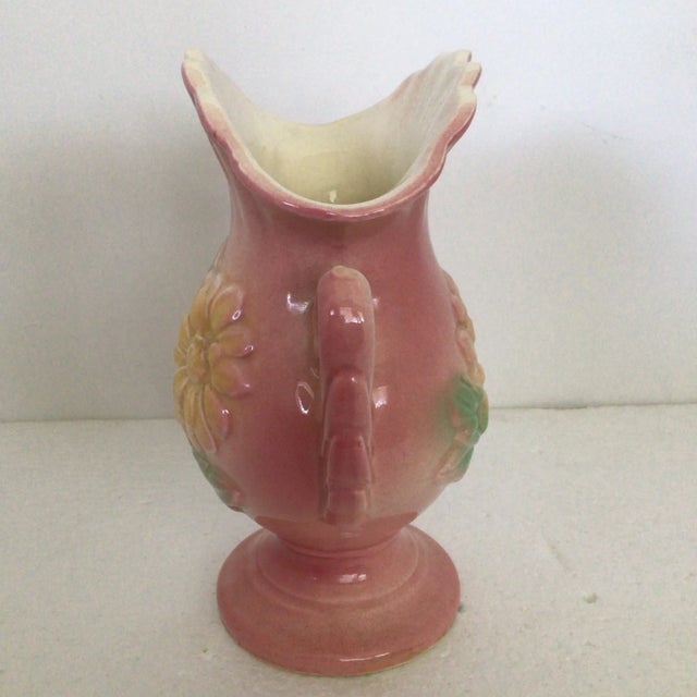 1970s Hull U. S. A. Pottery Double Handle Pink and Yellow Magnolia Flower Vase For Sale - Image 5 of 13