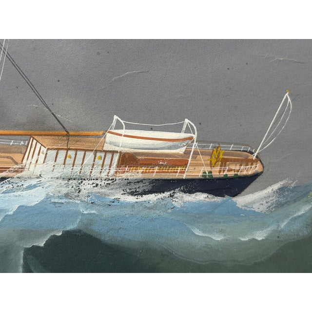 s.s. Livornese in Heavy Seas — Antique Marine Gouache Steam Sail Ship Portrait, Attributed to Luca Papaluca (Italian, 1890–1934) For Sale - Image 9 of 18