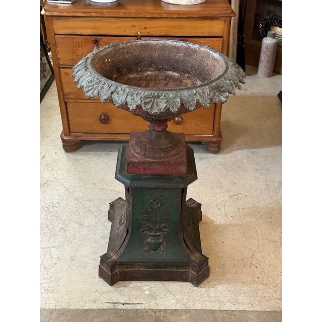 19th Century Victorian Cast Iron Urn With Plinth Base For Sale - Image 12 of 13