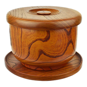 Mid 20th Century Handmade Japanese Zelkova Wood Large Rice Container Lidded Bowl With Tray
