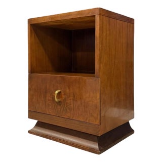 1930s Vintage Art Deco Accent Nightstand With Burl Wood Veneer Accents and Original Handles and 1 Drawer For Sale