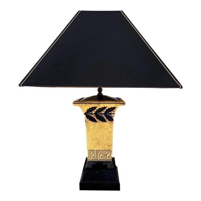 Vintage Black Frederick Cooper Neoclassical Table Lamp Gold Laurel & Greek Key - Hollywood Regency Empire Style For Sale