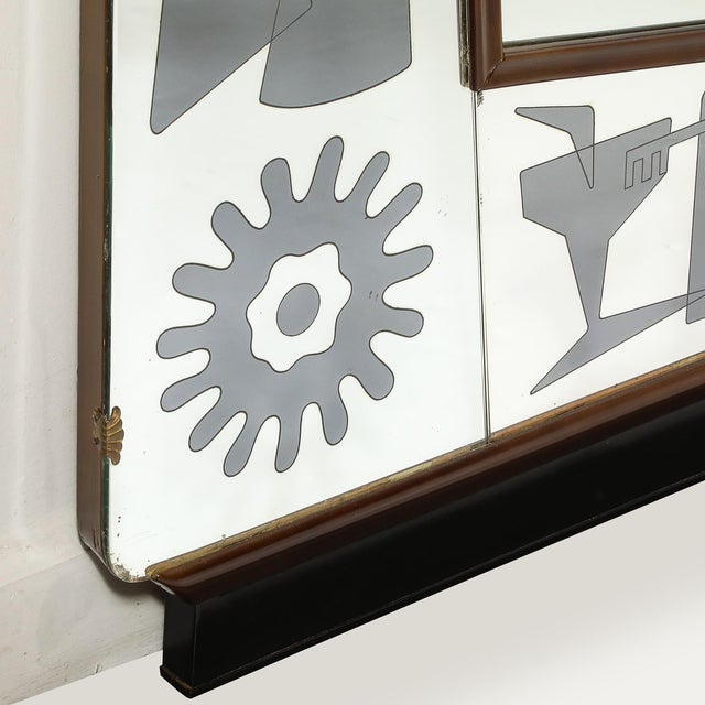 Mid-Century Reversed Etched & Smoked Wall Mirror With Sculptural Walnut Lining For Sale - Image 11 of 12