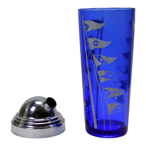 1930s Hazel Atlas Cobalt Blue Glass Cocktail Shaker W/ Nautical Burgee Flags