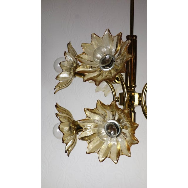 High -quality sish light brass glass chandelier, luster from the 70s Fall in love with the vintage elegance of the Golden...