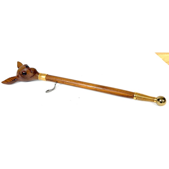 Rustic German Black Forest Style Carved Deer Head Baton with Brass Mounts, Circa 1930s For Sale - Image 3 of 14
