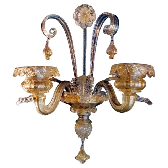 Art Nouveau Italian Murano Glass Wall Sconce in Blown Glass and Gold, 1950s For Sale