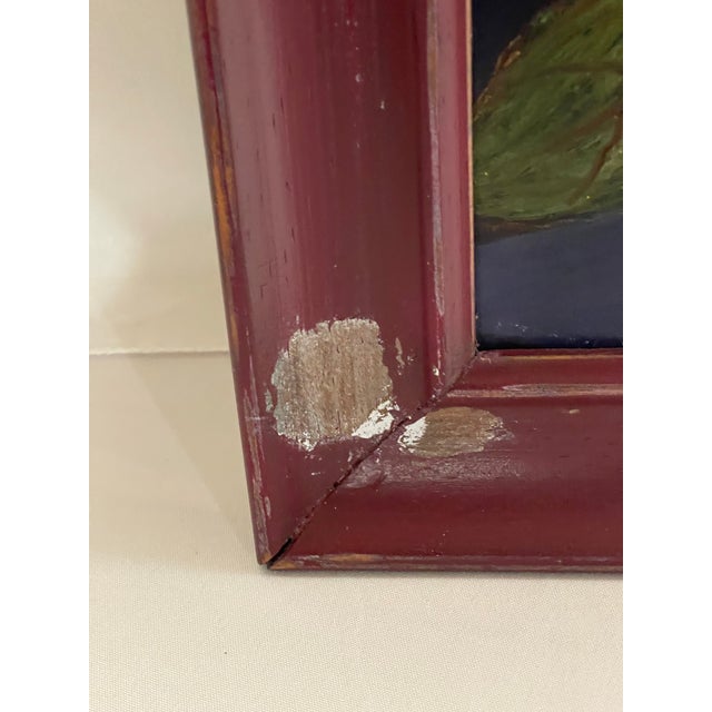 Wood Mid 20th Century Rustic Apple Harvest Painting in Heavily Distressed Red Wood Frame For Sale - Image 7 of 11