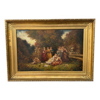 Romantic Ladies in a Lush Garden, Signed European Oil Painting, Belle Époque, 1800s For Sale