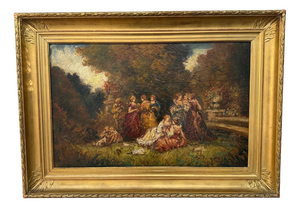 Romantic Ladies in a Lush Garden, Signed European Oil Painting, Belle Époque, 1800s