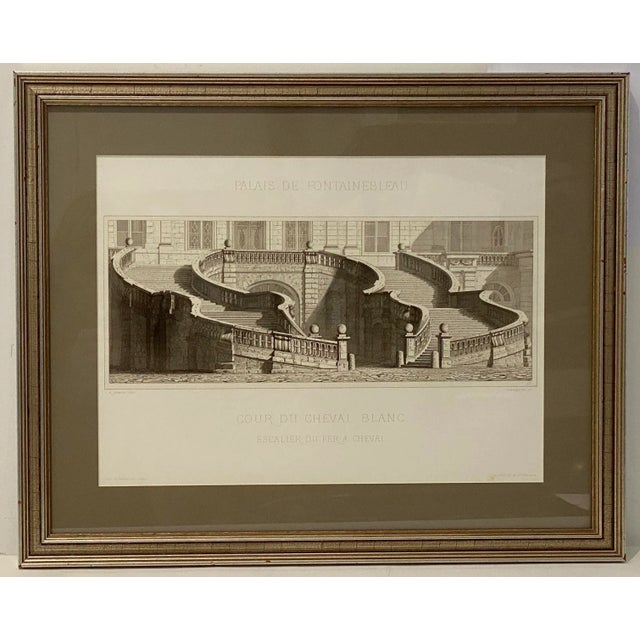 1920s French Gravure Print "Palais De Fontainbleu" Detail of the Court of the White Horse; the Horseshoe Staircase...