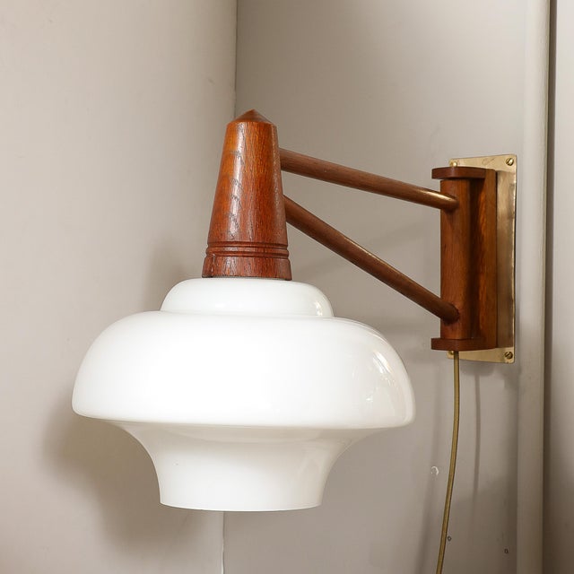 Mid-Century Modernist Milk Glass & Teak Swing Arm Wall Sconce W/ Brass Fittings For Sale - Image 10 of 12