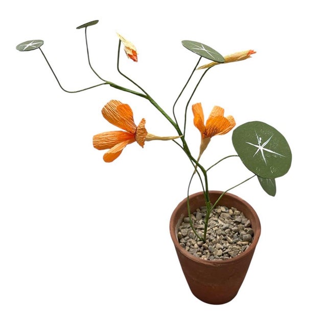 Charming Vintage Italian Hand-Crafted Metal and Crepe Paper Nasturtium Topiary in Terracotta Pot For Sale - Image 4 of 12