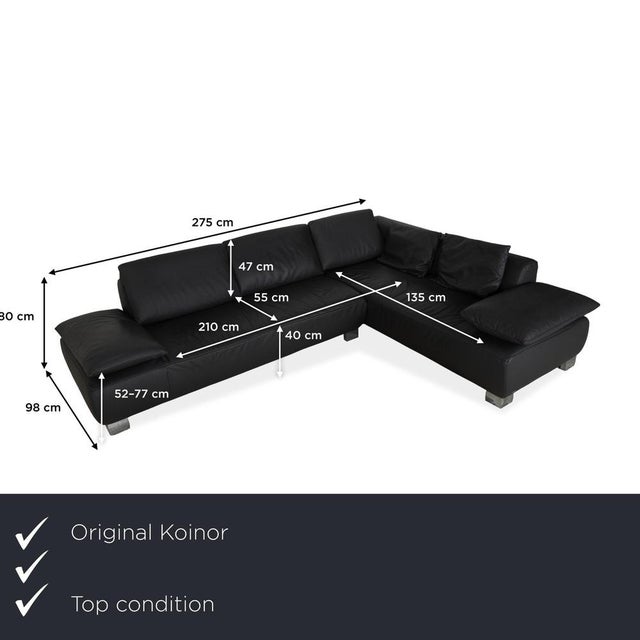 The Volare corner sofa by Koinor is upholstered in black leather and stands on square metal legs. The armrests and...