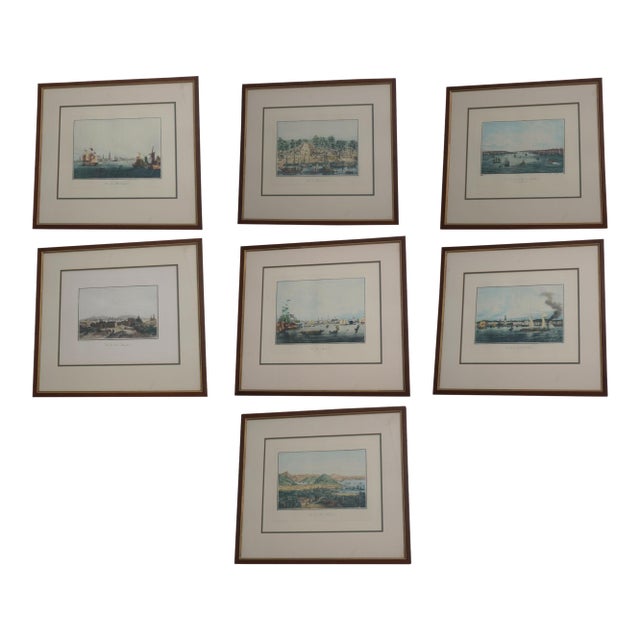 Set of 7 Vintage Framed Colored Engravings Etchings Military Ships For Sale