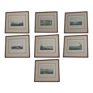 Set of 7 Vintage Framed Colored Engravings Etchings Military Ships