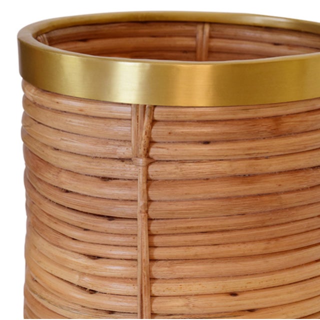 Contemporary Matthew Izzo Home Brim Natural Rattan and Brass Trim Wastebasket For Sale - Image 3 of 3