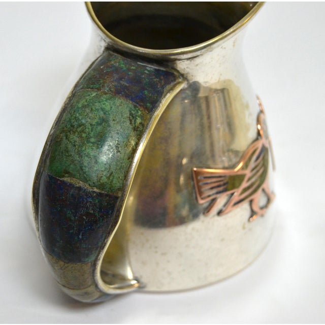 1960s 1960s Los Castillo Taxco Silver Plate Jug Pitcher With Stone Decor Bird Flowers For Sale - Image 5 of 12